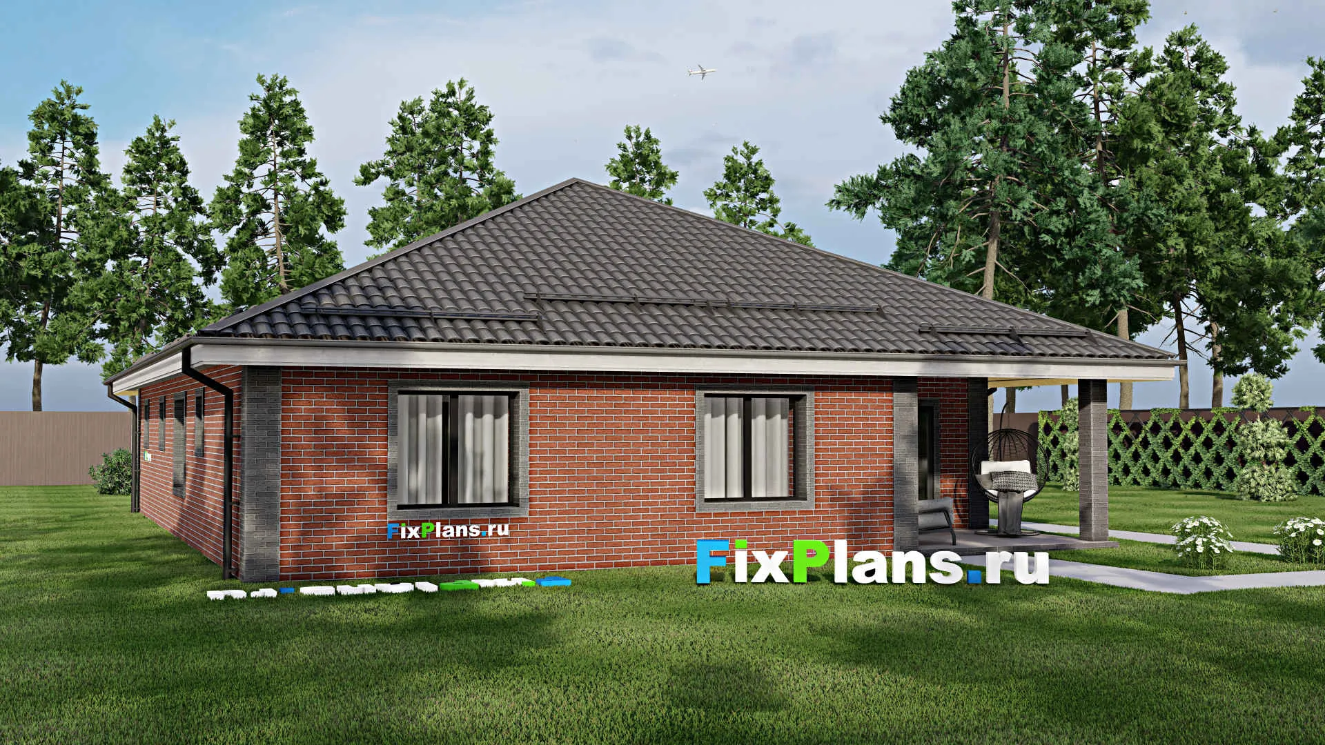 F-4013 - План одноэтажного дома 13 на 17, площадью 150 м² с террасой, гаражом на 1 машину и 3 спальнями