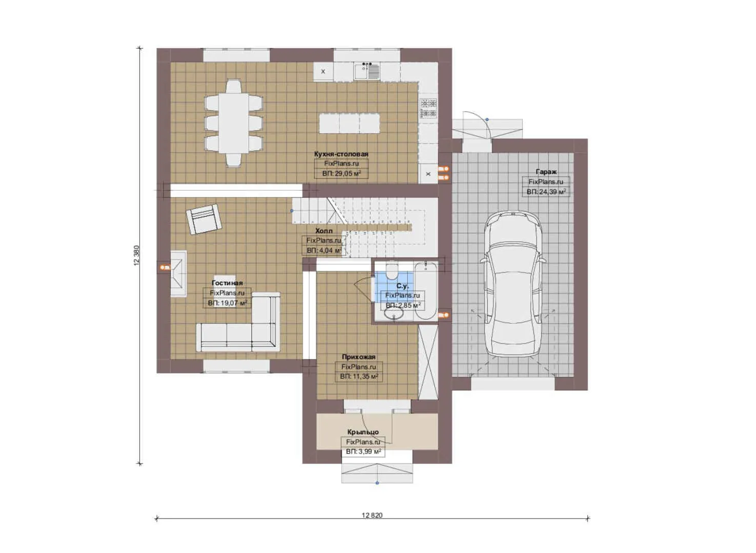F-20186 - Планы двухэтажного дома 13 на 13, площадью 190 м² с гаражом на 1 машину и 3 спальнями