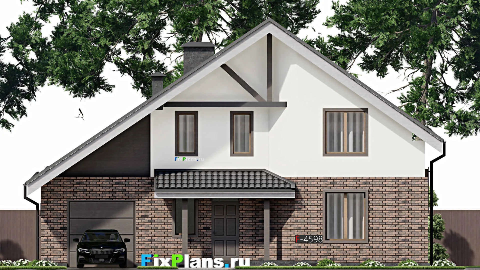 F-4598 - Планы дома с мансардой 13 на 14, площадью 210 м² с гаражом на 1 машину и 3 спальнями