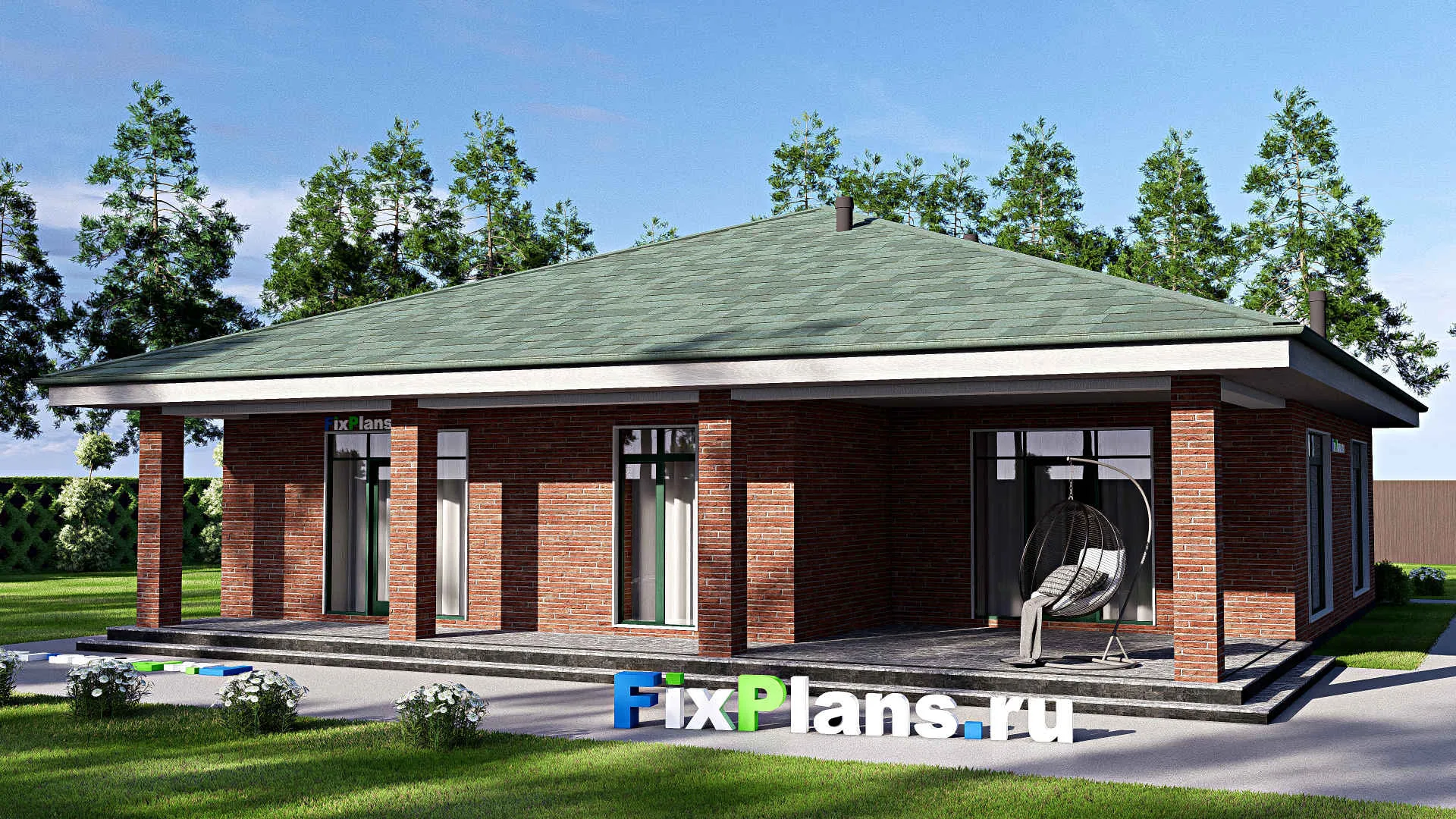 F-19016 - Проект одноэтажного дома 15 на 16, площадью 190 м² с террасой и 3 спальнями